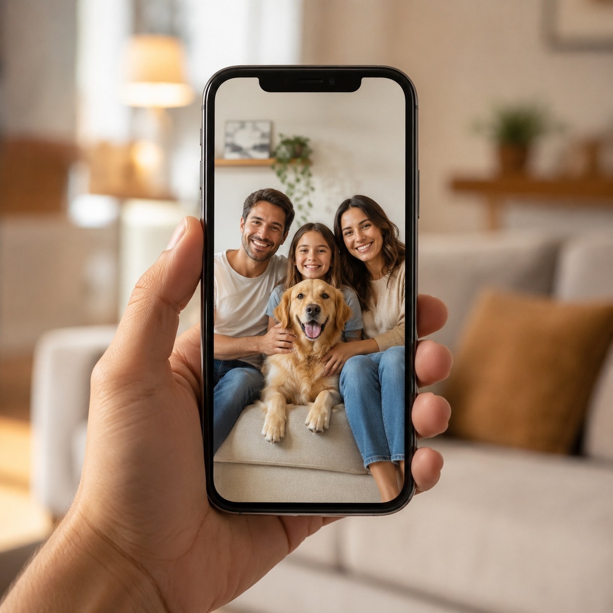 Antes: mão segurando um celular com a foto original da família.