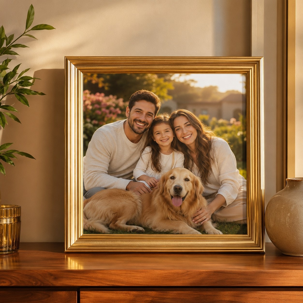 Depois: quadro emoldurado com o retrato artístico da família criado por IA.