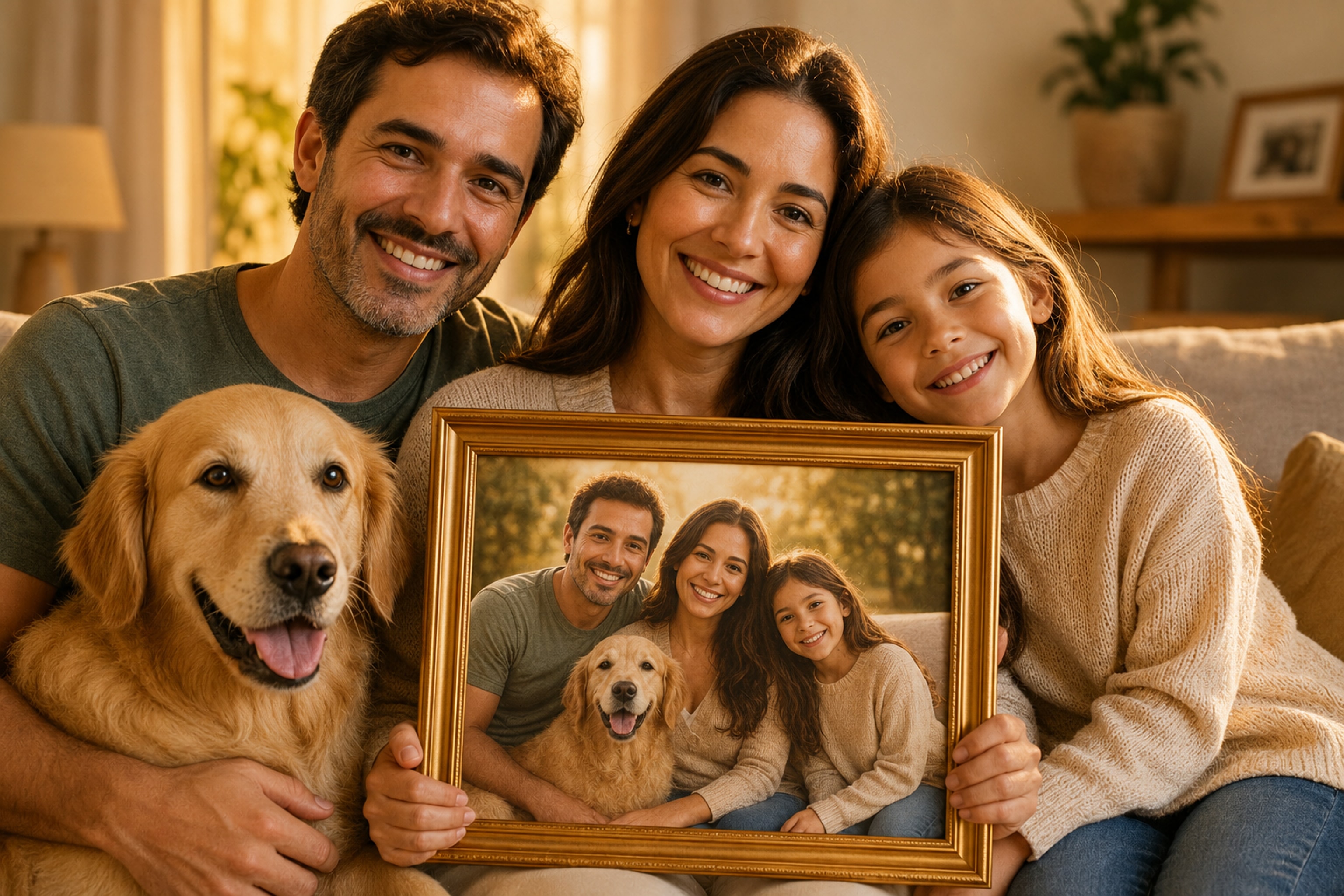 Família com cachorro golden retriever segurando um quadro emoldurado com o retrato personalizado da própria família.