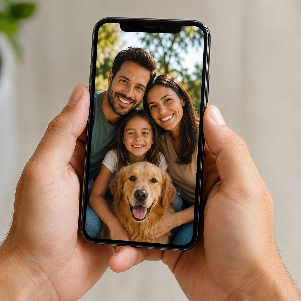 Mão segurando um celular com uma foto de família na tela.