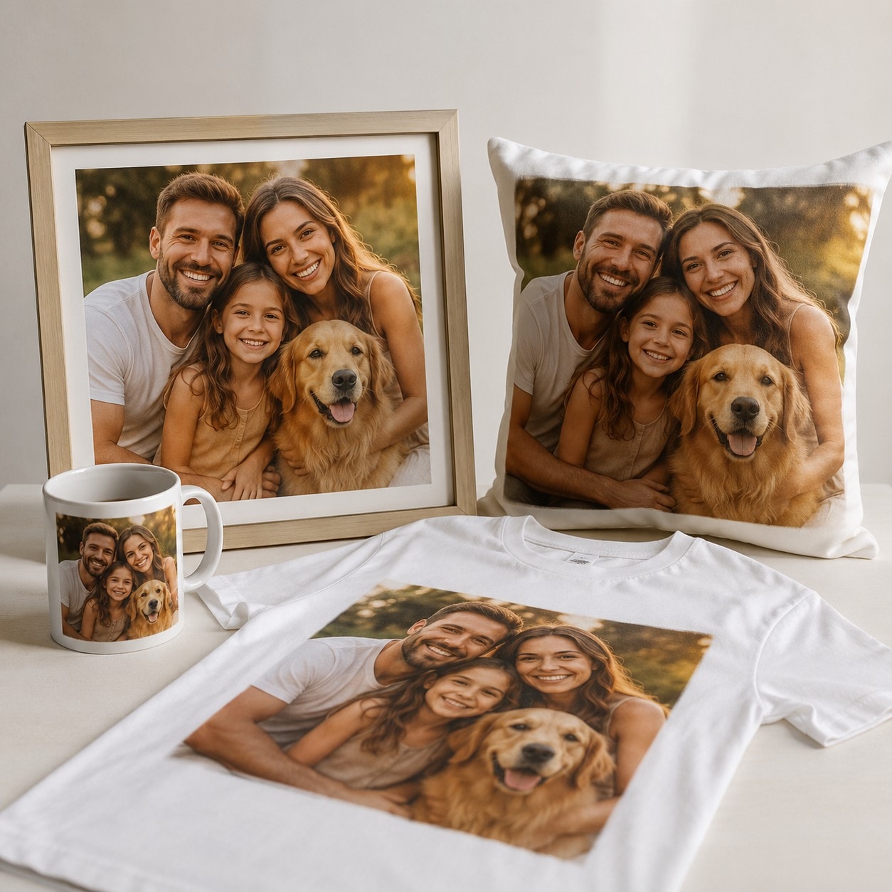 Produtos personalizados com prévia da arte: quadro, caneca e almofada.