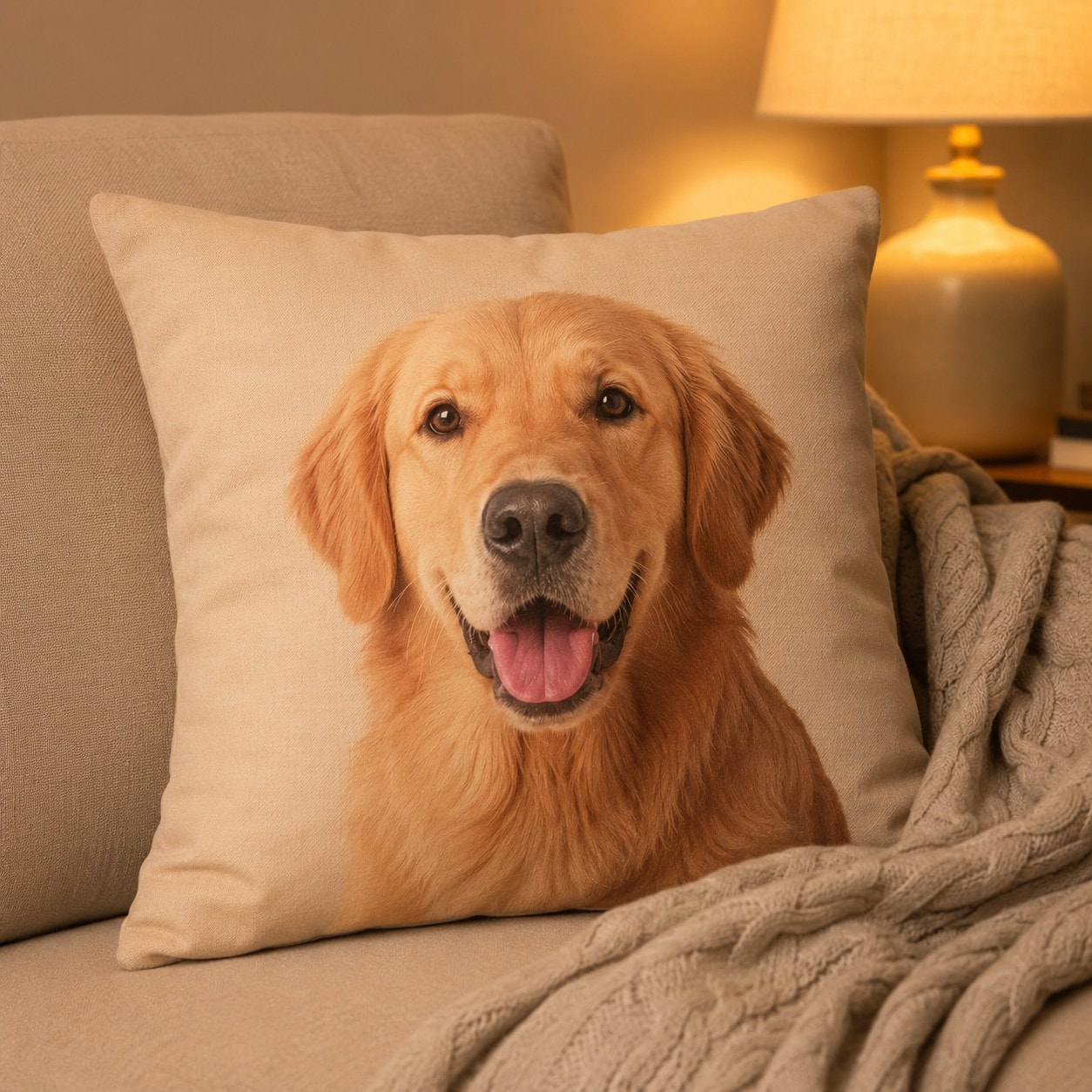 Almofada personalizada com o retrato de um cachorro golden retriever sobre um sofá.