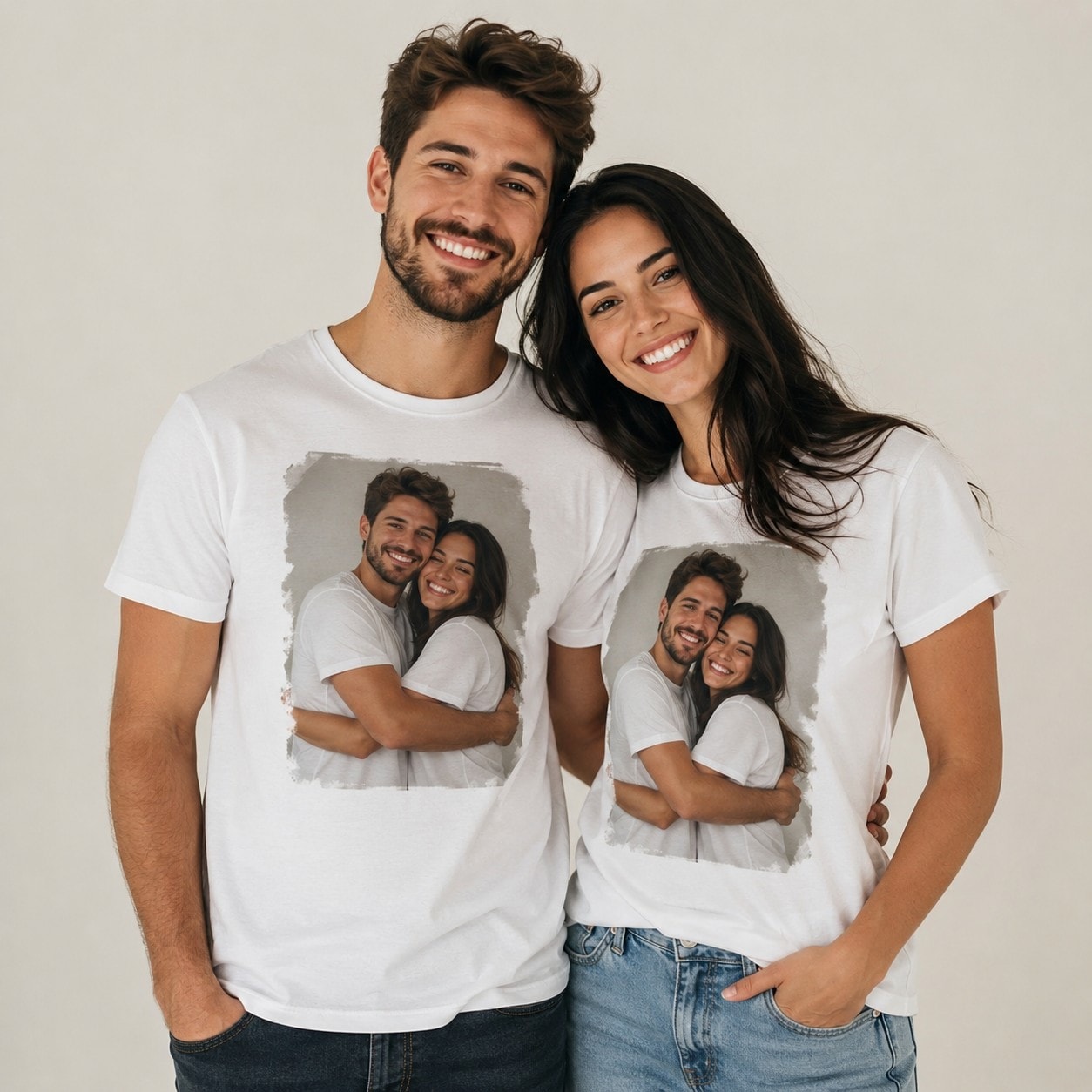 Casal vestindo camisetas brancas estampadas com o retrato personalizado da família.
