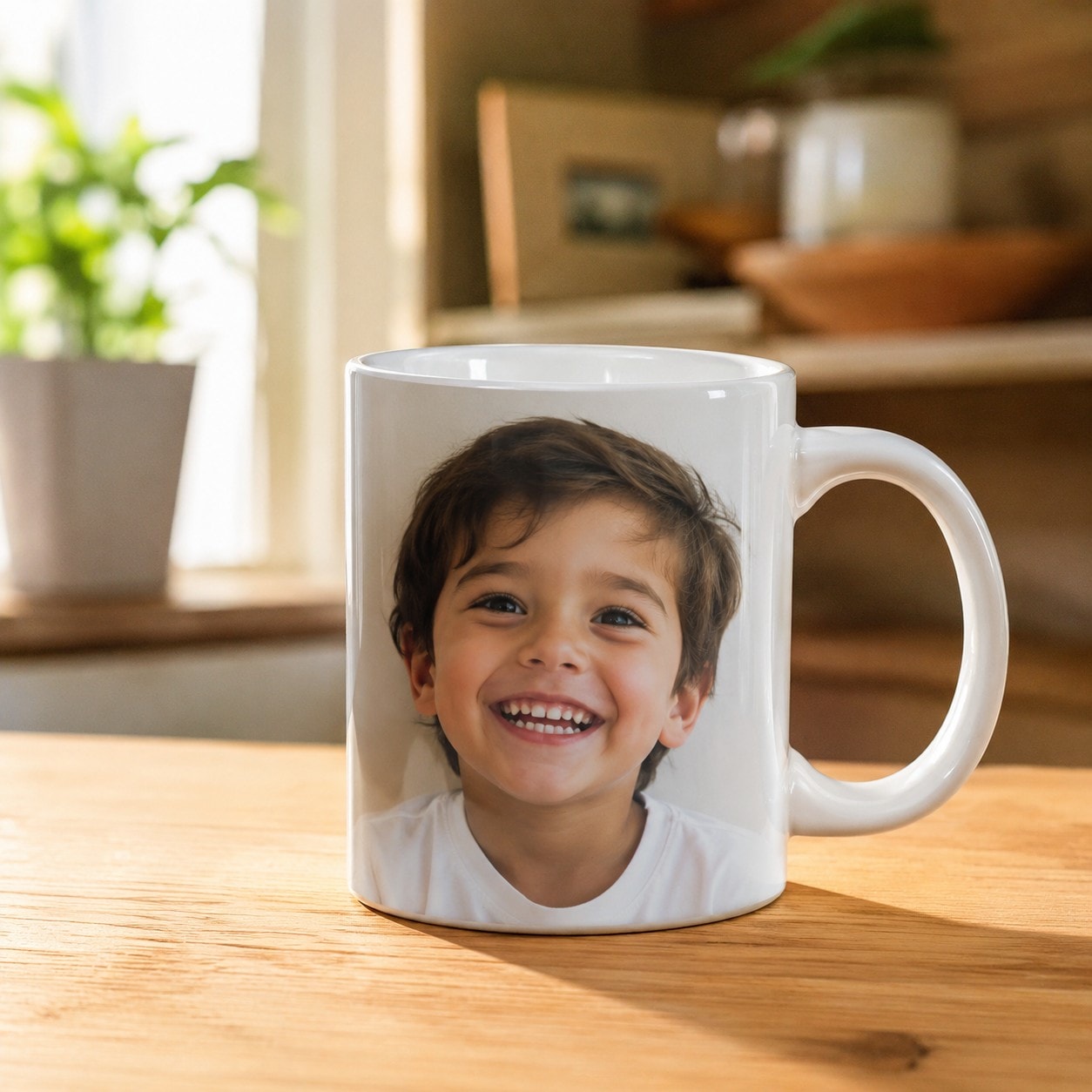 Caneca branca de cerâmica estampada com o retrato personalizado de uma criança.