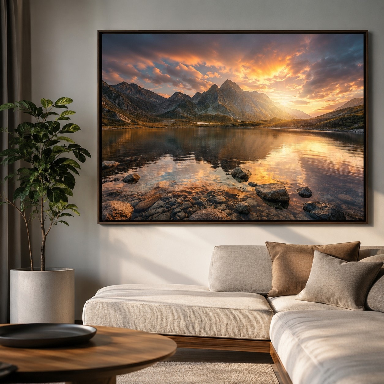 Quadro decorativo com paisagem de montanhas e lago sobre um aparador de madeira.