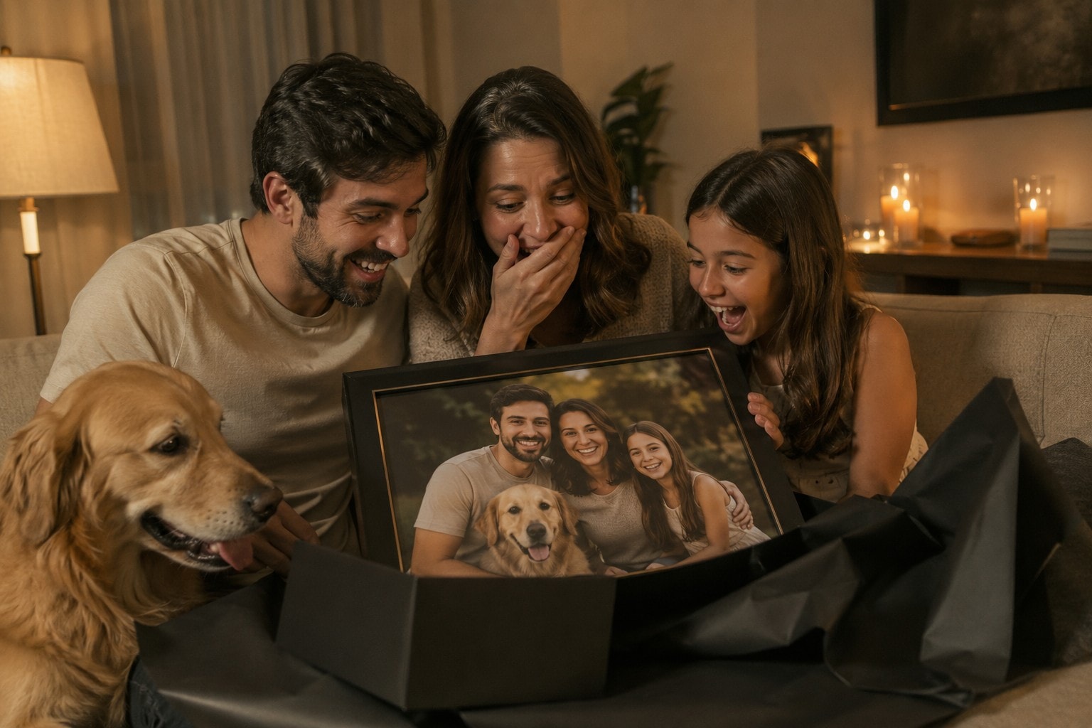 Mão segurando um quadro emoldurado com retrato de família, em ambiente aconchegante com velas.